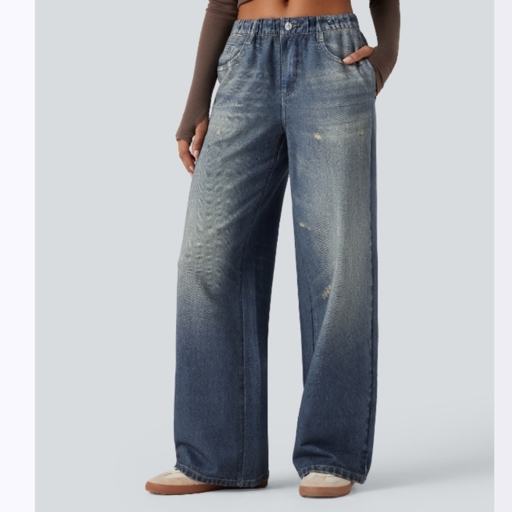 HALARA Mid Rise Denim Print French Terry Casual Sweatpants  Jeans With Pockets